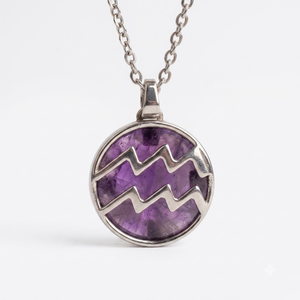 Aquarius (Kumbh) Zodiac Pendant – Amethyst Crystal Necklace – Good Habiitss