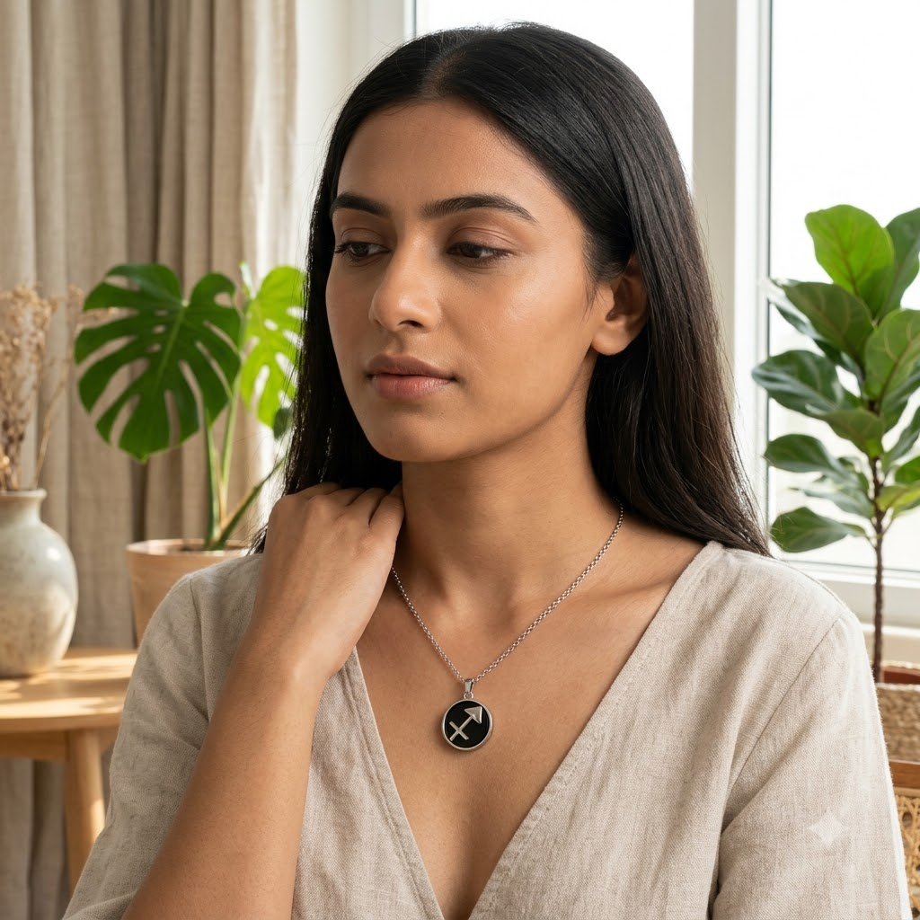 Sagittarius (Dhanu) Zodiac Pendant – Black Obsidian Crystal Necklace – Good Habiitss