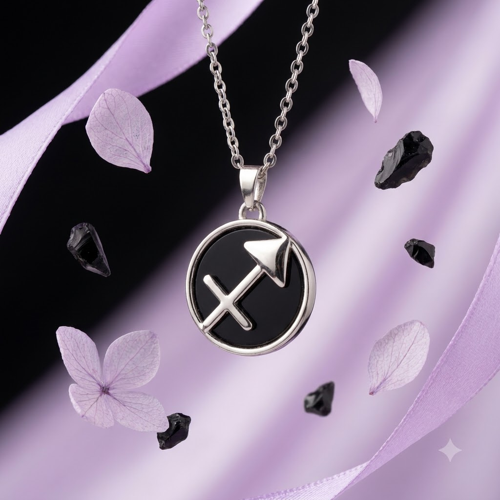 Sagittarius (Dhanu) Zodiac Pendant – Black Obsidian Crystal Necklace – Good Habiitss