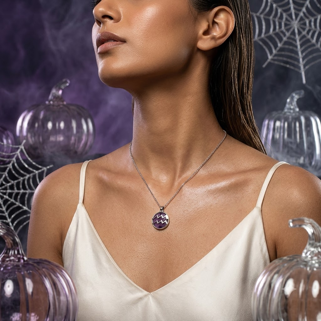 Aquarius (Kumbh) Zodiac Pendant – Amethyst Crystal Necklace – Good Habiitss