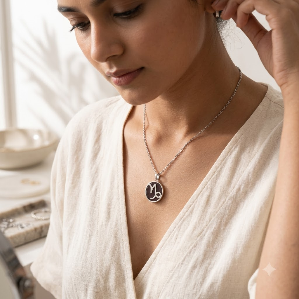 Capricorn (Makar) Zodiac Pendant – Garnet Crystal Necklace – Good Habiitss