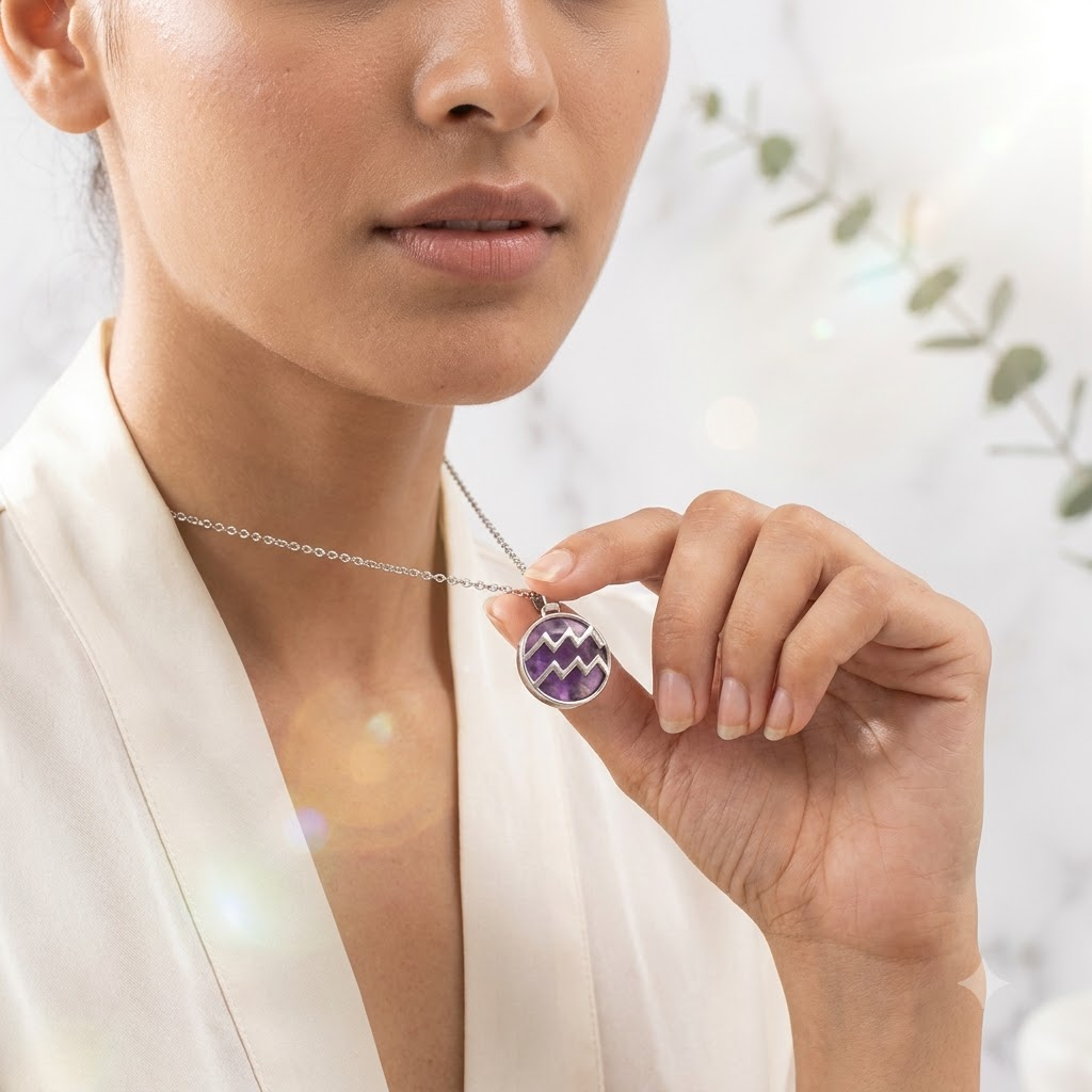 Aquarius (Kumbh) Zodiac Pendant – Amethyst Crystal Necklace – Good Habiitss