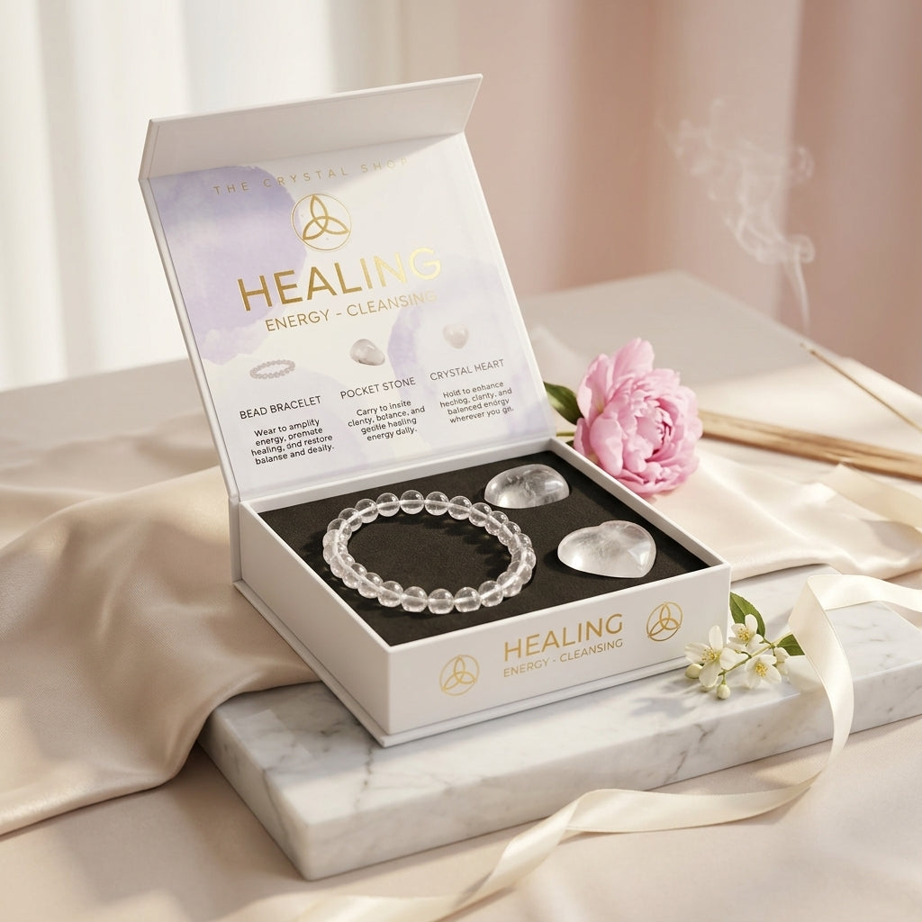 Clear Quartz Crystal Gift Set – Bracelet, Pocket Stone & Heart – Good Habiitss
