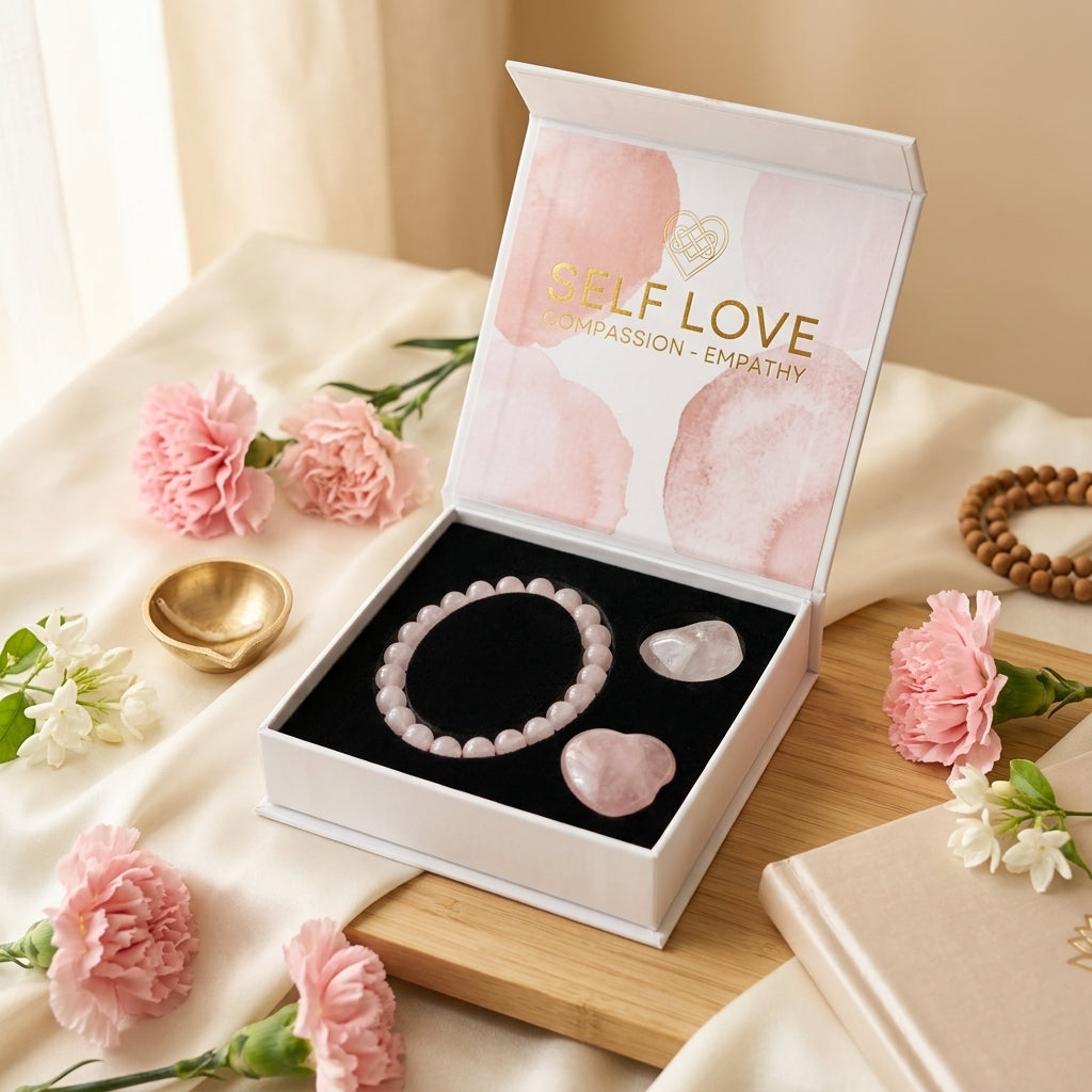 Self-Love Rose Quartz Crystal Gift Set – Bracelet, Stone & Heart – Good Habiitss