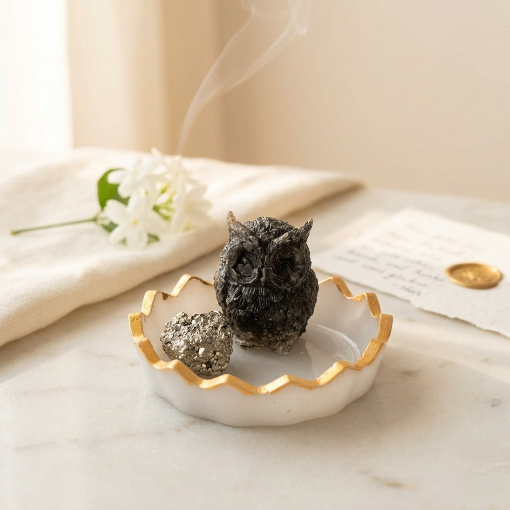 Pyrite Owl Wealth Set – Decorative Crystal Gift Set – Good Habiitss