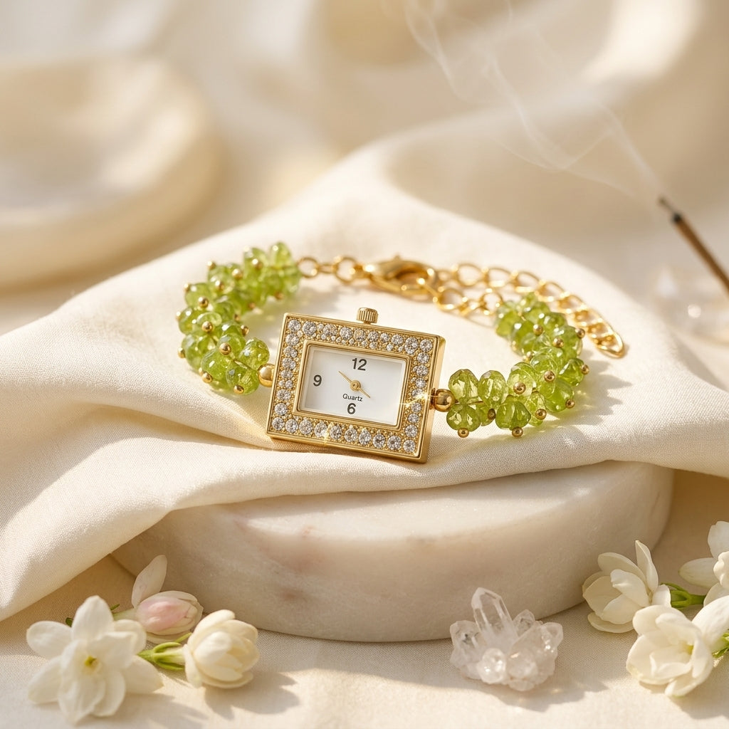 Peridot Crystal Bracelet Watch – Gold-Tone Luxury Style – Good Habiitss