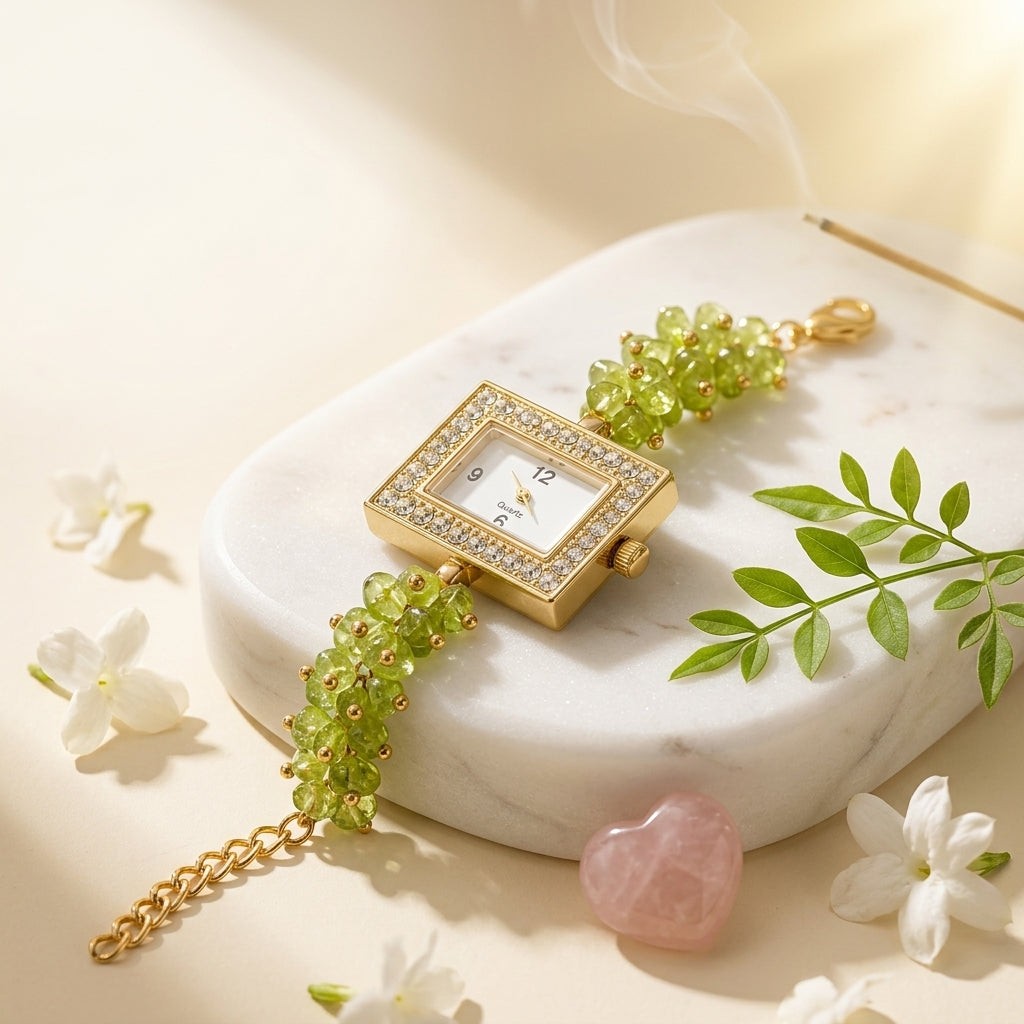 Peridot Crystal Bracelet Watch – Gold-Tone Luxury Style – Good Habiitss