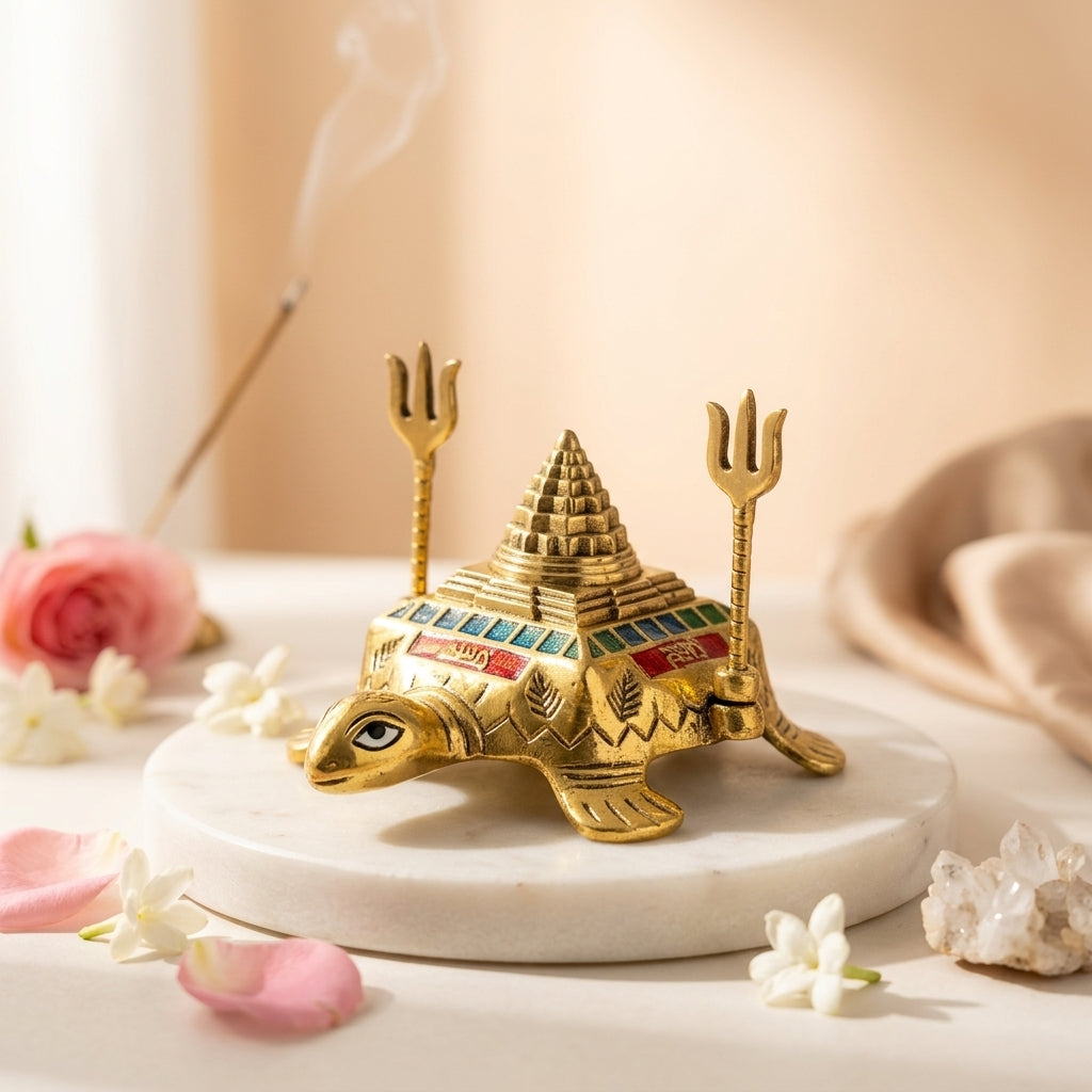 Metal Vastu Tortoise with Trishul & Pyramid – Traditional Décor – Good Habiitss
