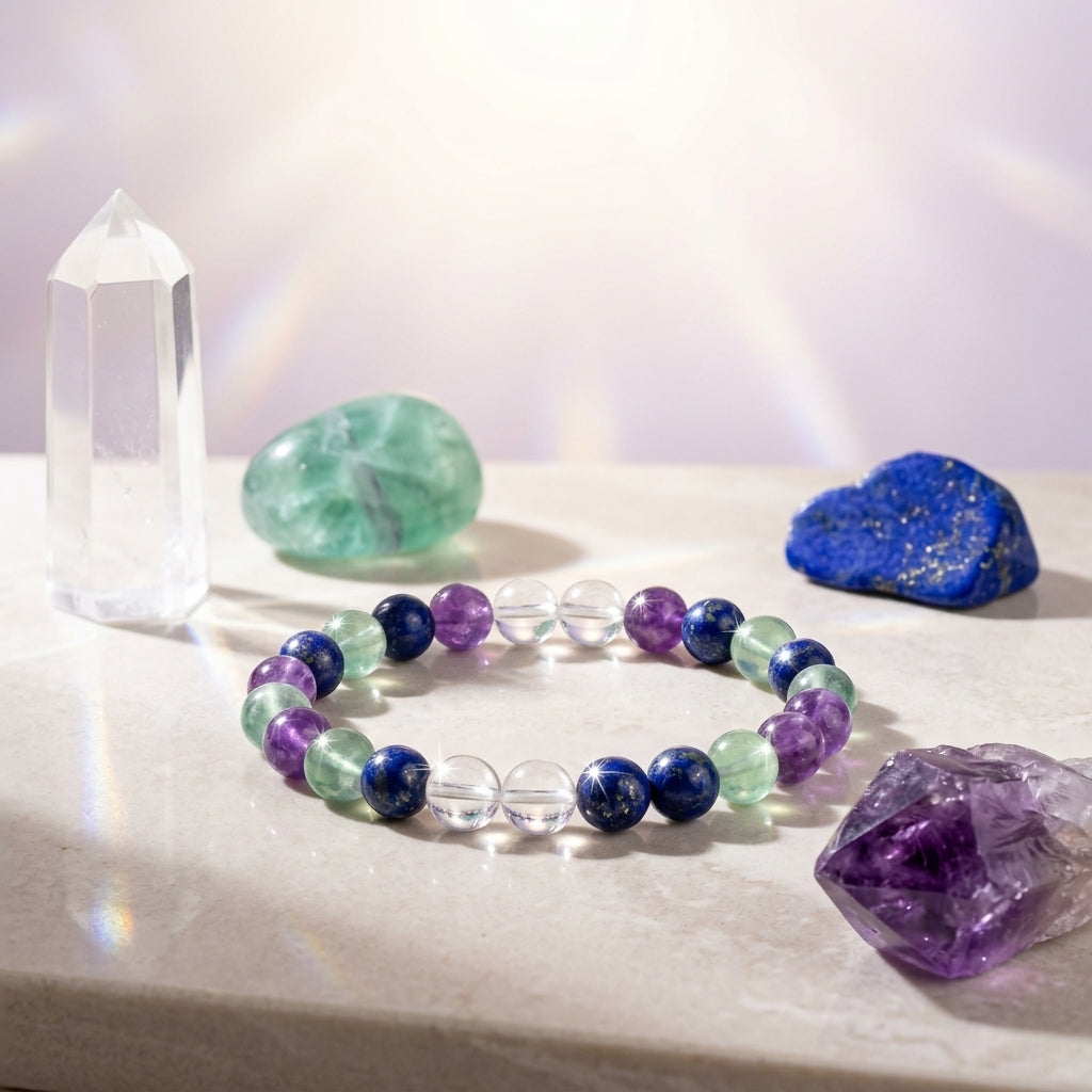 Student Education Bracelet – Amethyst, Fluorite, Lapis Lazuli & Clear Quartz – Good Habiitss