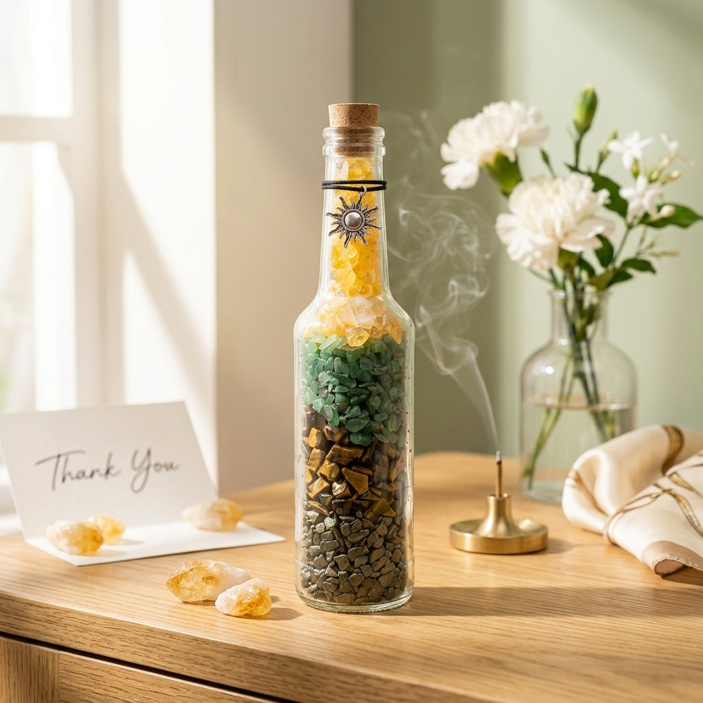Money Magnet Crystal Bottle – Citrine, Aventurine, Tiger Eye & Pyrite – Good Habiitss
