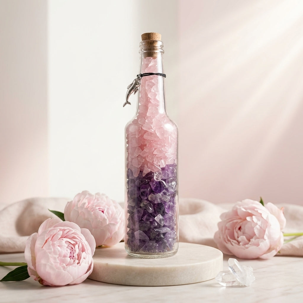 Love & Attraction Crystal Bottle – Rose Quartz, Amethyst & Clear Quartz – Good Habiitss