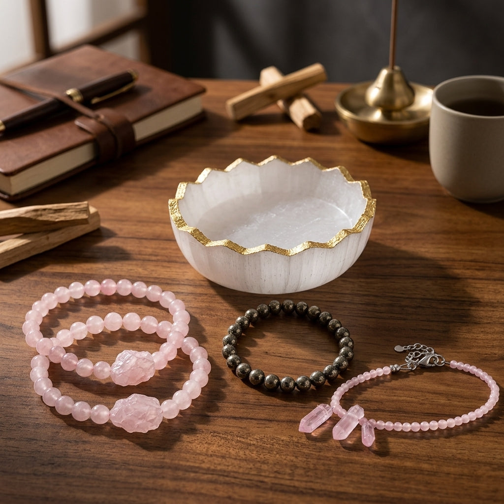Couple Energy Combo — Rose Quartz (Her) + Pyrite (Him) + Selenite Charging Bowl