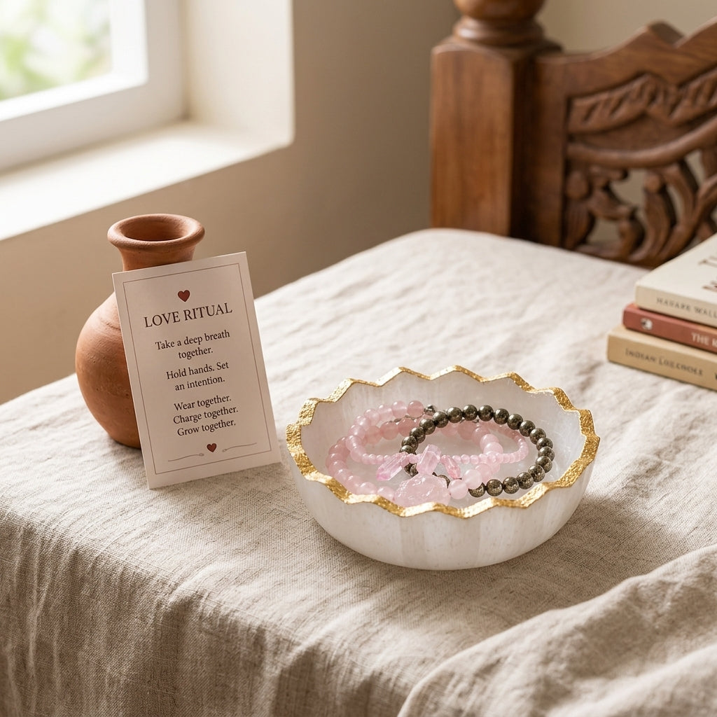 Couple Energy Combo — Rose Quartz (Her) + Pyrite (Him) + Selenite Charging Bowl