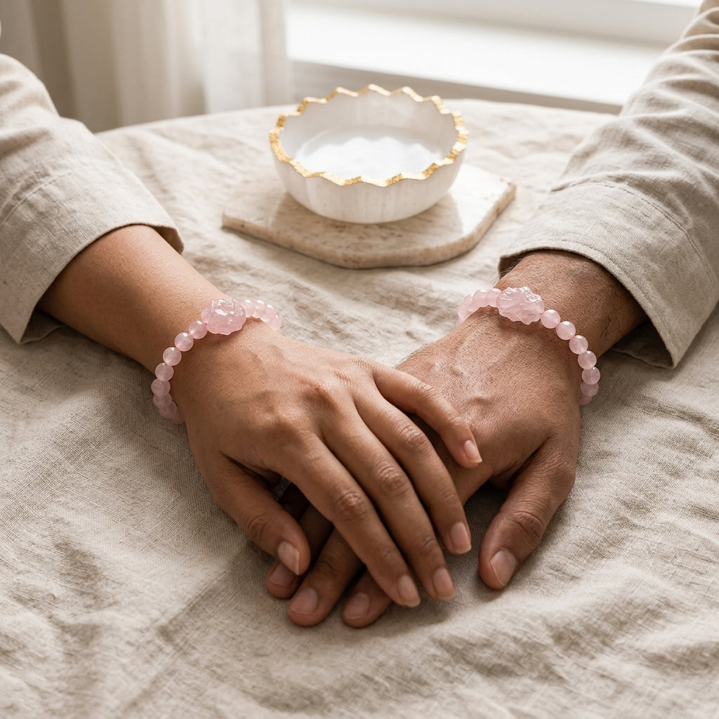 Couple Crystal Jewellery Gift Set – Rose Quartz, Pyrite & Selenite – Good Habiitss