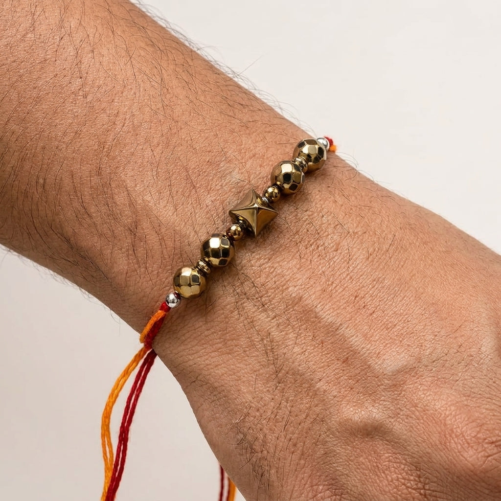 Golden Hematite Pyramid Rakhi – Geometric Raksha Bandhan Gift – Good Habiitss