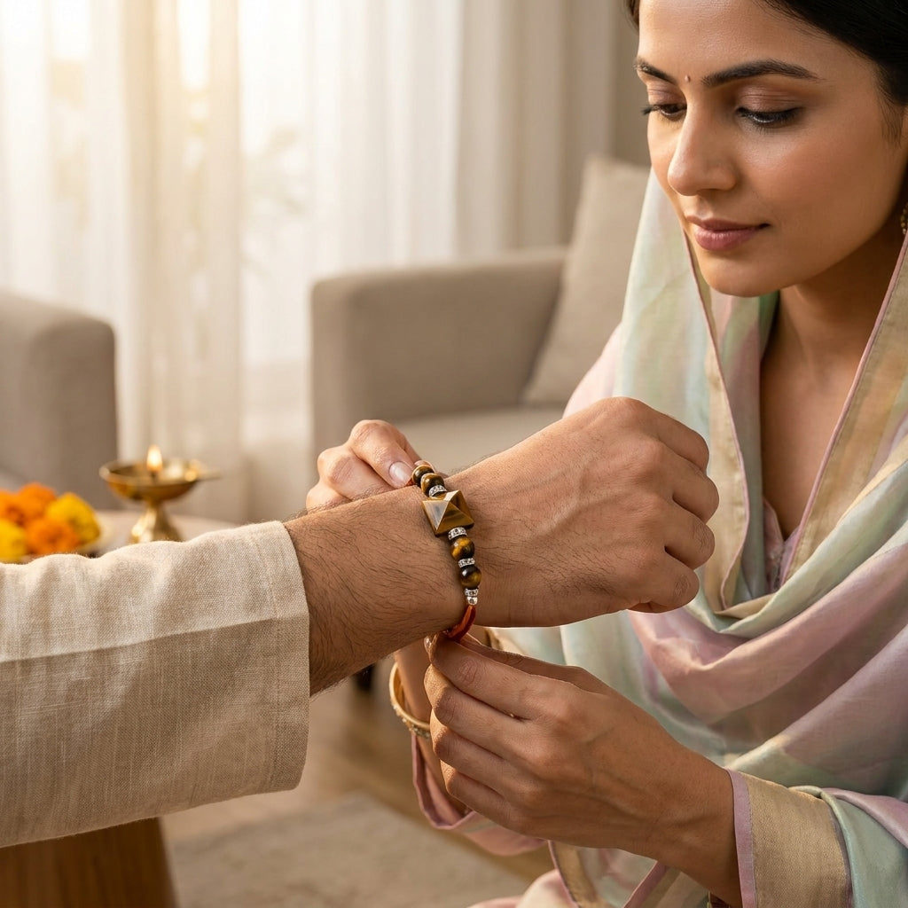 Tiger Eye Pyramid Rakhi – Gemstone-Inspired Raksha Bandhan Gift – Good Habiitss