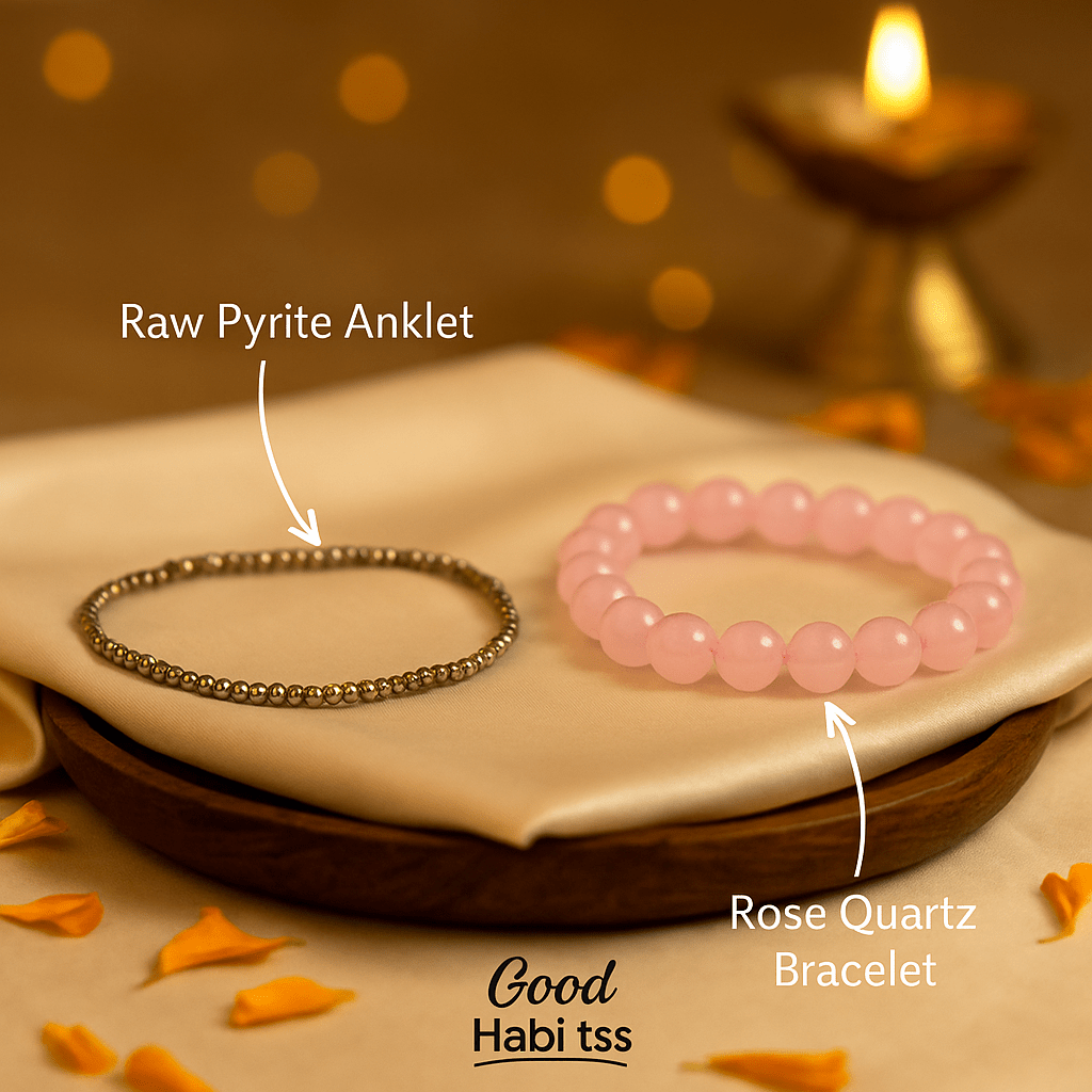 Pyrite Anklet with Rose Quartz Bracelet Combo - GOOD HABITSS