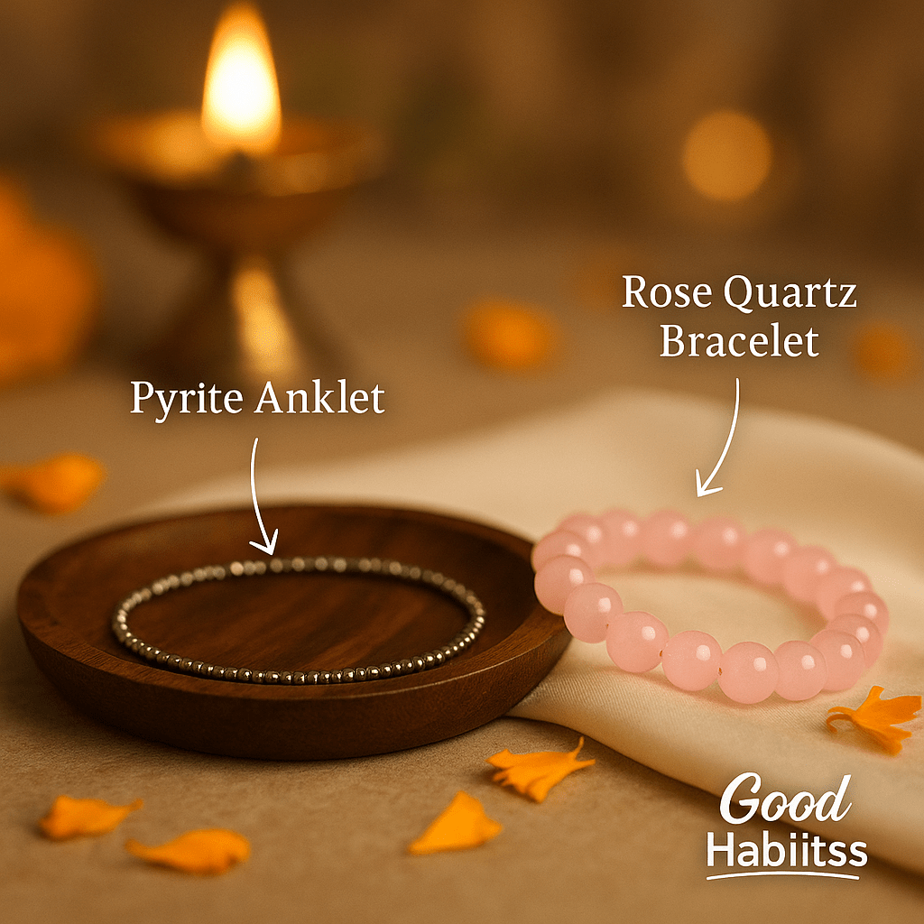 Pyrite Anklet with Rose Quartz Bracelet Combo - GOOD HABITSS