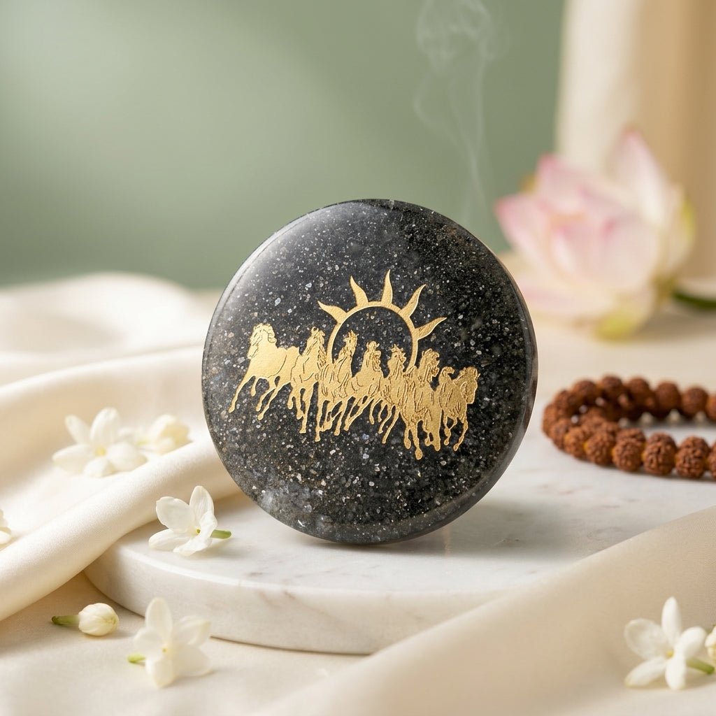 Pyrite Orgonite 7 Horse Success &amp; Wealth Yantra Plate - GOOD HABITSS