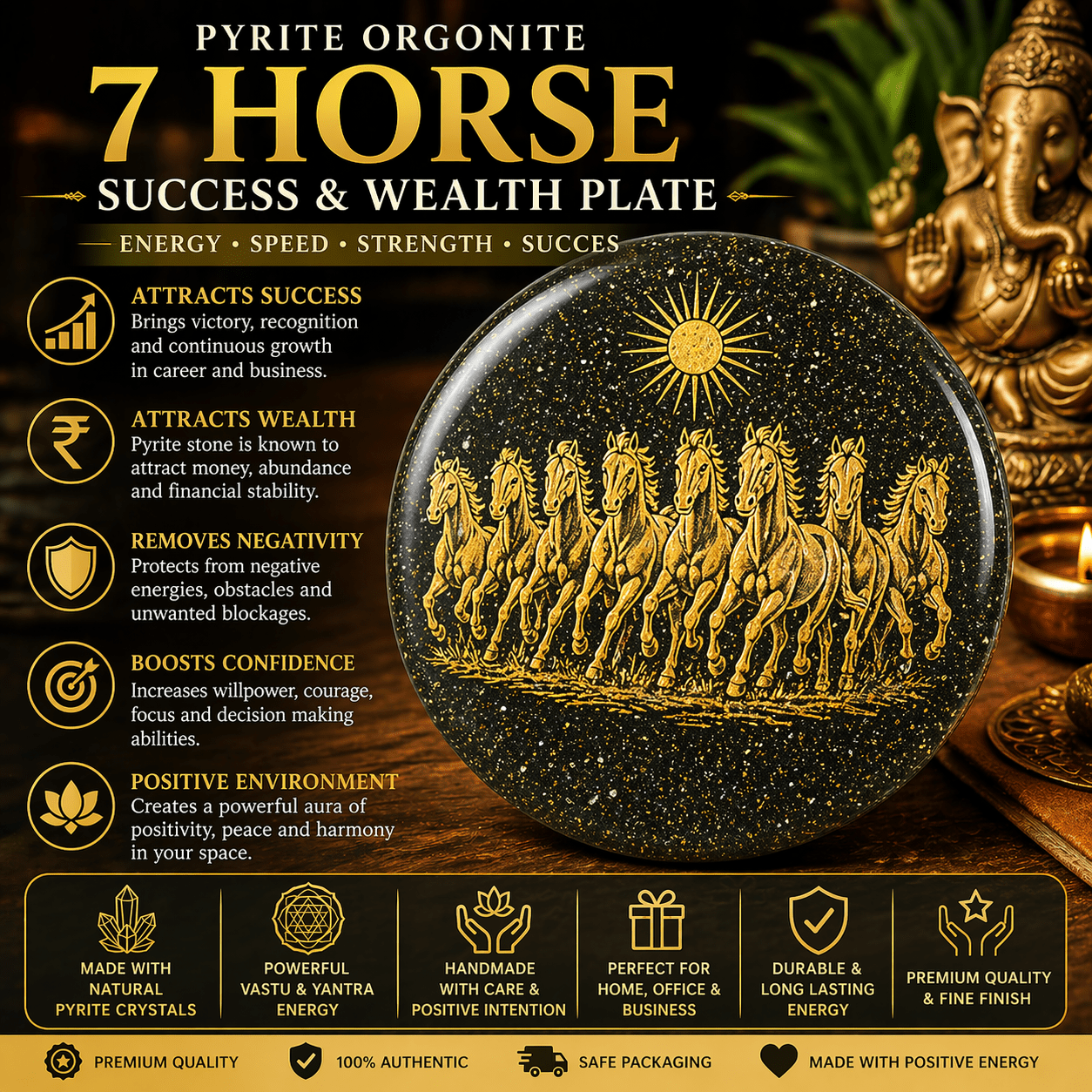 Pyrite Orgonite 7 Horse Success &amp; Wealth Yantra Plate - GOOD HABITSS