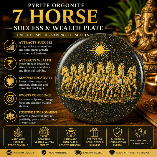 Pyrite Orgonite 7 Horse Success &amp; Wealth Yantra Plate - GOOD HABITSS