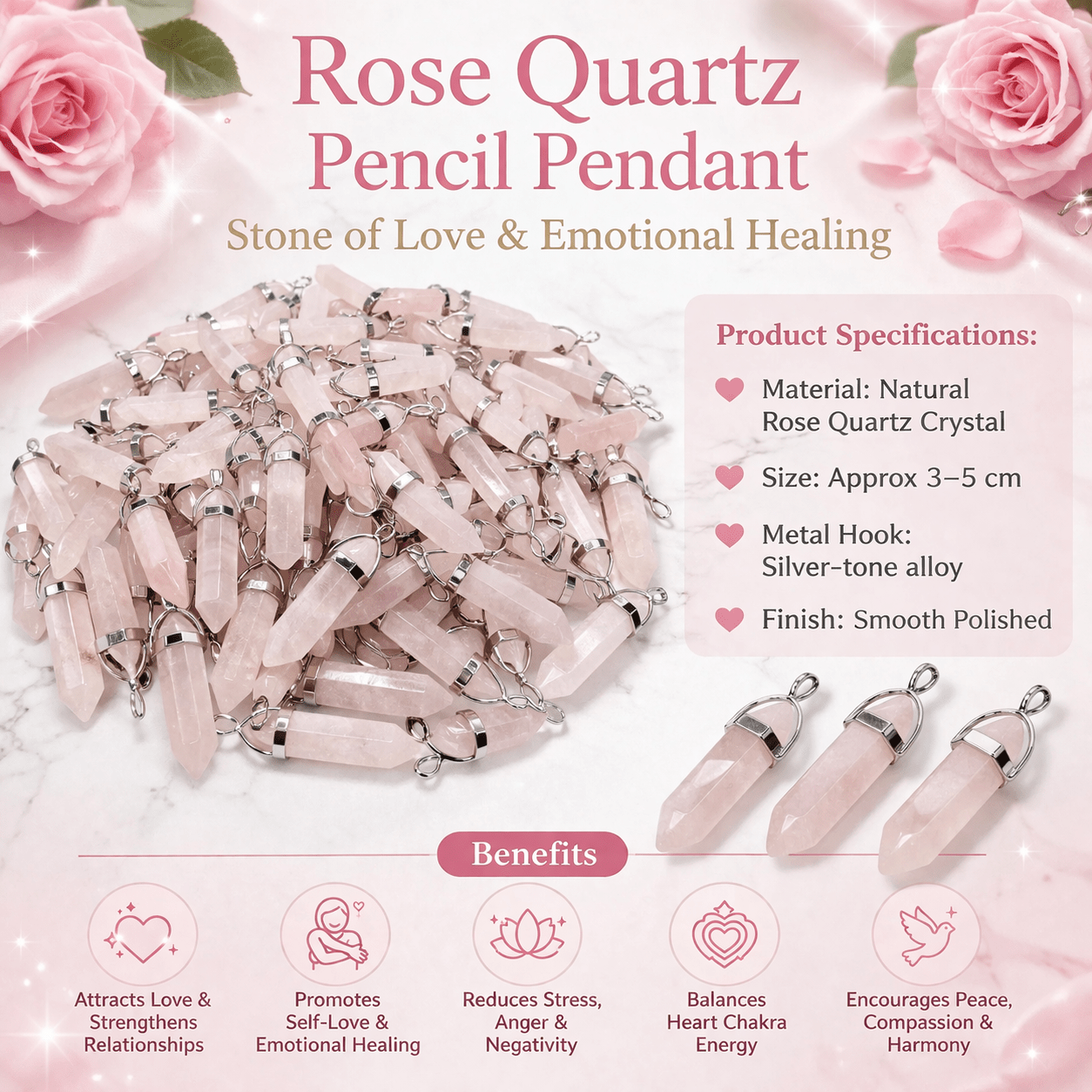 Rose Quartz Pencil Pendant - GOOD HABITSS
