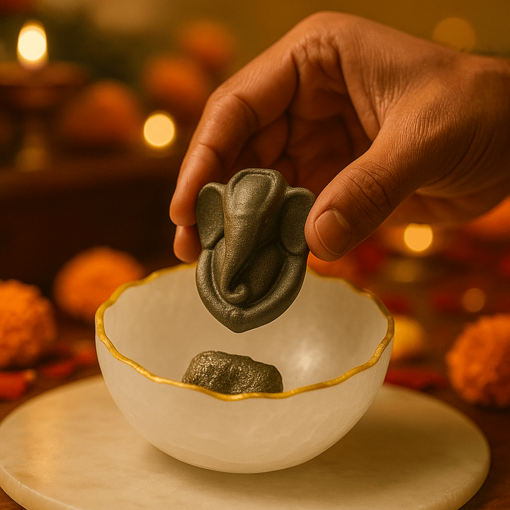 Selenite Bowl with Ganesha Pyrite Idol with FREE RAW PYRITE STONE (100 GM) - GOOD HABITSS