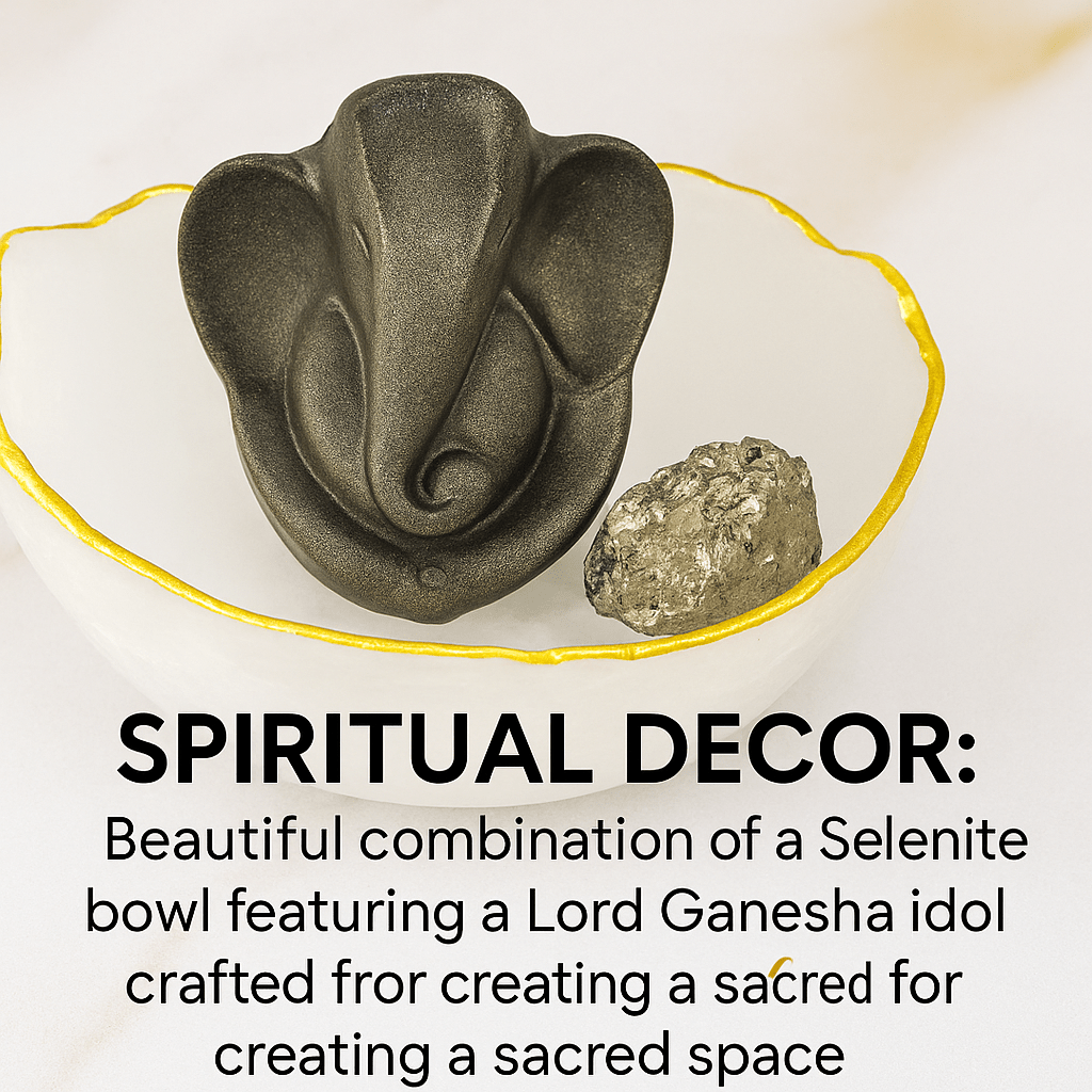 Selenite Bowl with Ganesha Pyrite Idol with FREE RAW PYRITE STONE (100 GM) - GOOD HABITSS