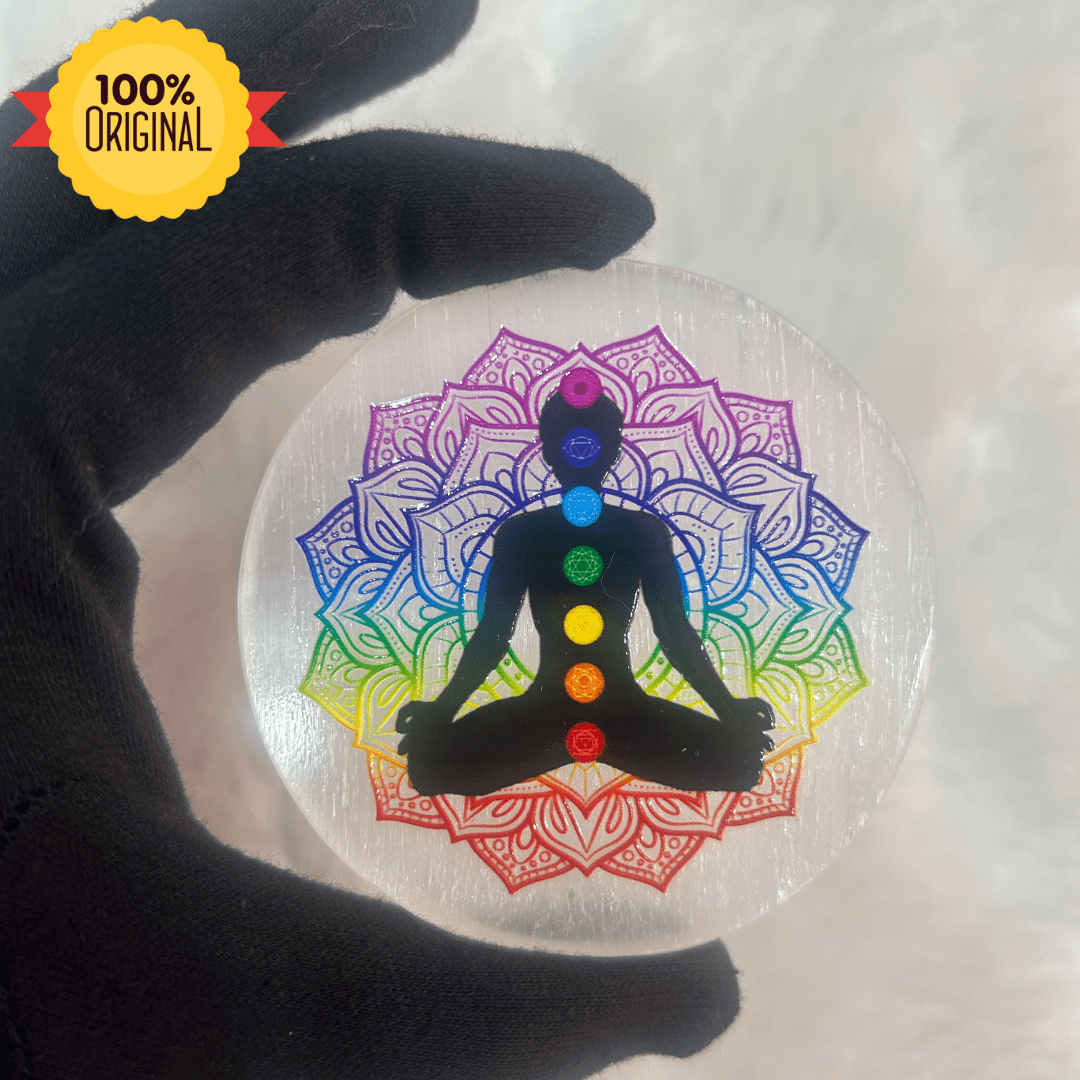 Selenite Charging Plate Coaster with 3D 7 Chakra Symbol - GOOD HABITSS